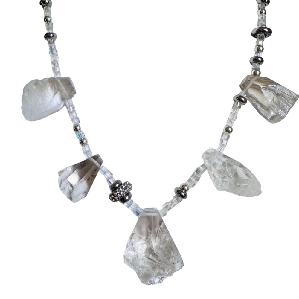 *NWT* Clear Quartz Crystal, Iridescent Glass Beads & Sterling Silver Necklace